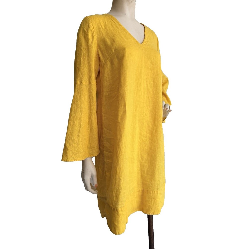 SOFT SURROUNDINGS Dress Yellow 100% Linen Long Bell Sleeve V-Neck Tunic Size S